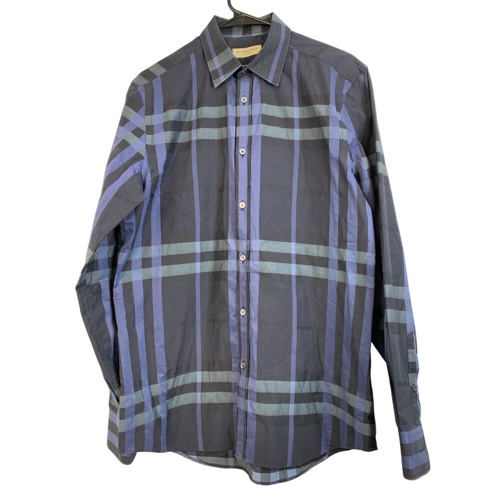Burberry London Mens Tailored Plaid Long Sleeve Shirt 15.5 34/35 Navy Cotton EUC